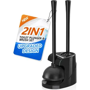 Toilet Plunger and Brush with Holder, Bowl Brush and Heavy Duty Toilet Plunger Set for 5.7-inch Toilet Drain, 2-in-1 Bathroom Cleaning Combo with Modern  Stand (Black)