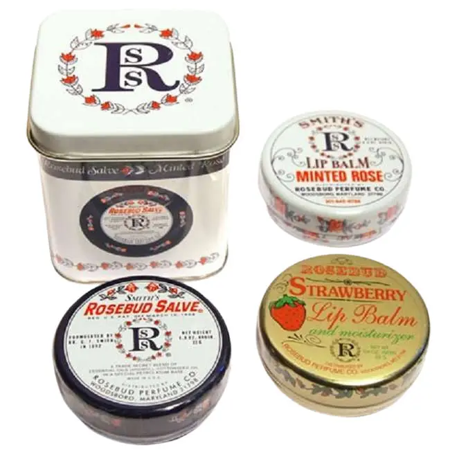 Rosebud Perfume Co. Lavish Layers Lip Balm Set, 3-Piece Moisturizing Tins with Strawberry, Minted Rose, and Original Rosebud Salve Lip Care Products Lip Care Kit