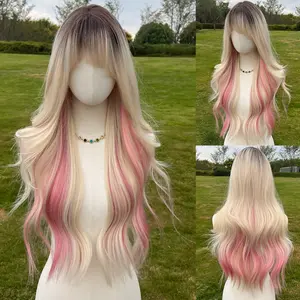 SMILCO 28" Pink&Blonde Highlight Hair Long with Bangs Synthetic Wig Natural-Looking Scalp Full Machine Cap Adjustable Straps Breathable Cap Vibrant Color Soft Texture SM390/SM502