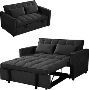 Velvet Convertible Sofa Bed, 3-in-1 Pull Out Couch Bed with Reclining Backrest and Pillows, Sleeper Sofa Bed Chair Full Convertible Sleeper Loveseat for Living Room, Home or Office (Black)