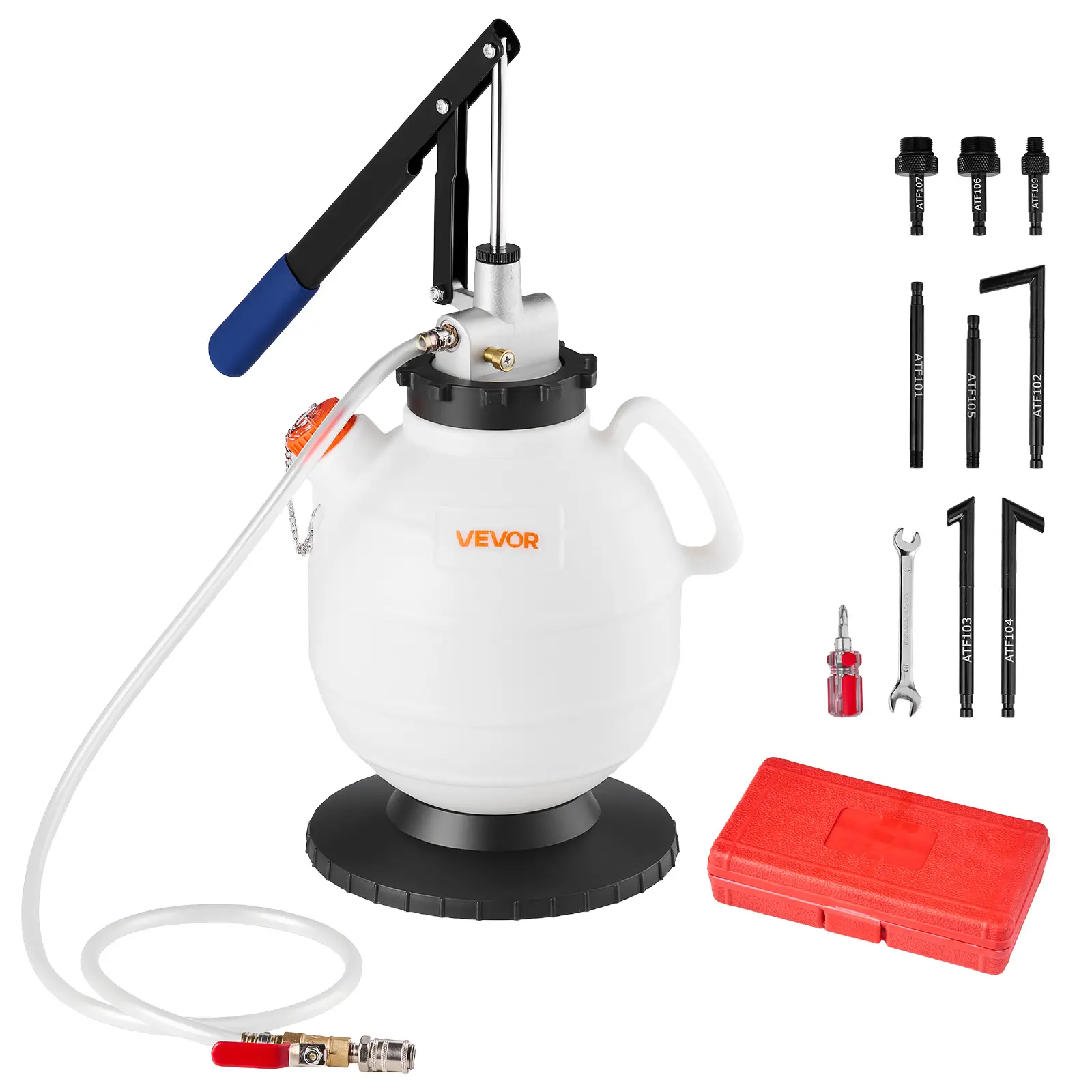 【summerfinds】VEVOR Transmission Fluid Pump, 7.5 L Capacity, Manual Fluid Transfer Pump with 8 ATF Adapters & 47 in Outlet Horse, ATF Refill Kit, Oil Extractor Dispenser with HDPE Tank for Cars, Lawn Mowers, Multi-Tool Fluid Extractors