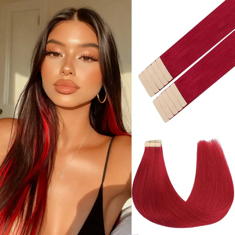 MOCA Women's Straight Red Hair Extensions, 10 Pcs Tape-in Soft Hairpieces for Colorful Highlights, Heat-Resistant for Party & Cosplay, Synthetic Soft Hairpieces, 24 In, Black And Red Highlight Synthetic Extensions & Pieces, Quick Hair Extension, Highlight