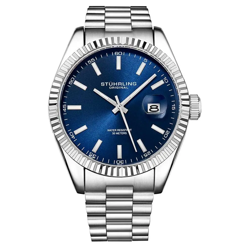 Stuhrling Lineage 3935 Ultra-Thin Classic Quartz Watch, 42mm Unisex Analog with Luminous Hands and Stainless Steel Link Bracelet