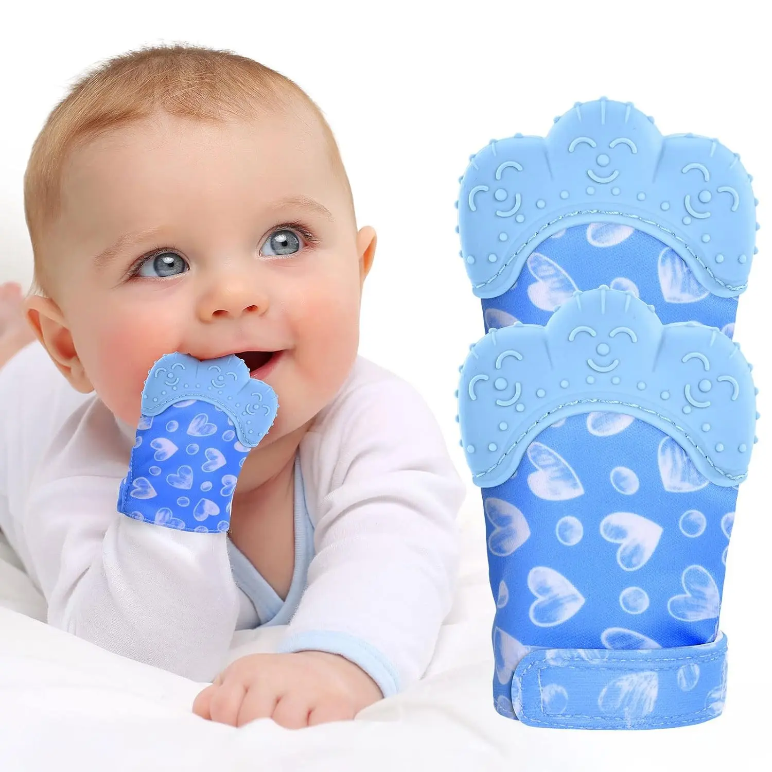 2Pack Silicone Teething Mitt, Soothing Pain Relief Infant Teething Mitten, Prevent Scratches, Safe Silicone Teething Toys for 0-12 Months, Blue Heart