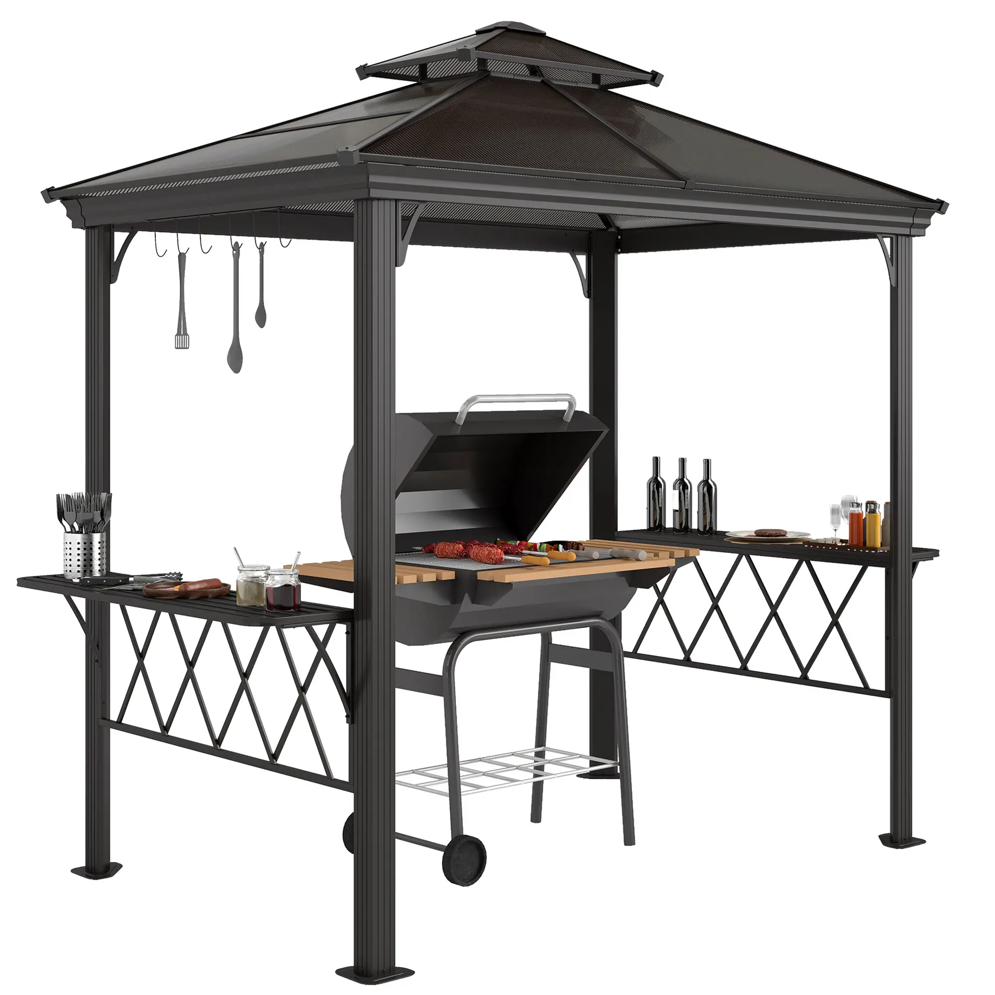 Outsunny 9x5 ft. Hardtop Flat Top Grill Gazebo - Outdoor Canopy for Patio with 2-Tier Plastic Polycarbonate Roof, Shelves, Serving Tables, Hooks, UV Resistant Sun Protection, Excellent Airflow for Backyard Barbecuing