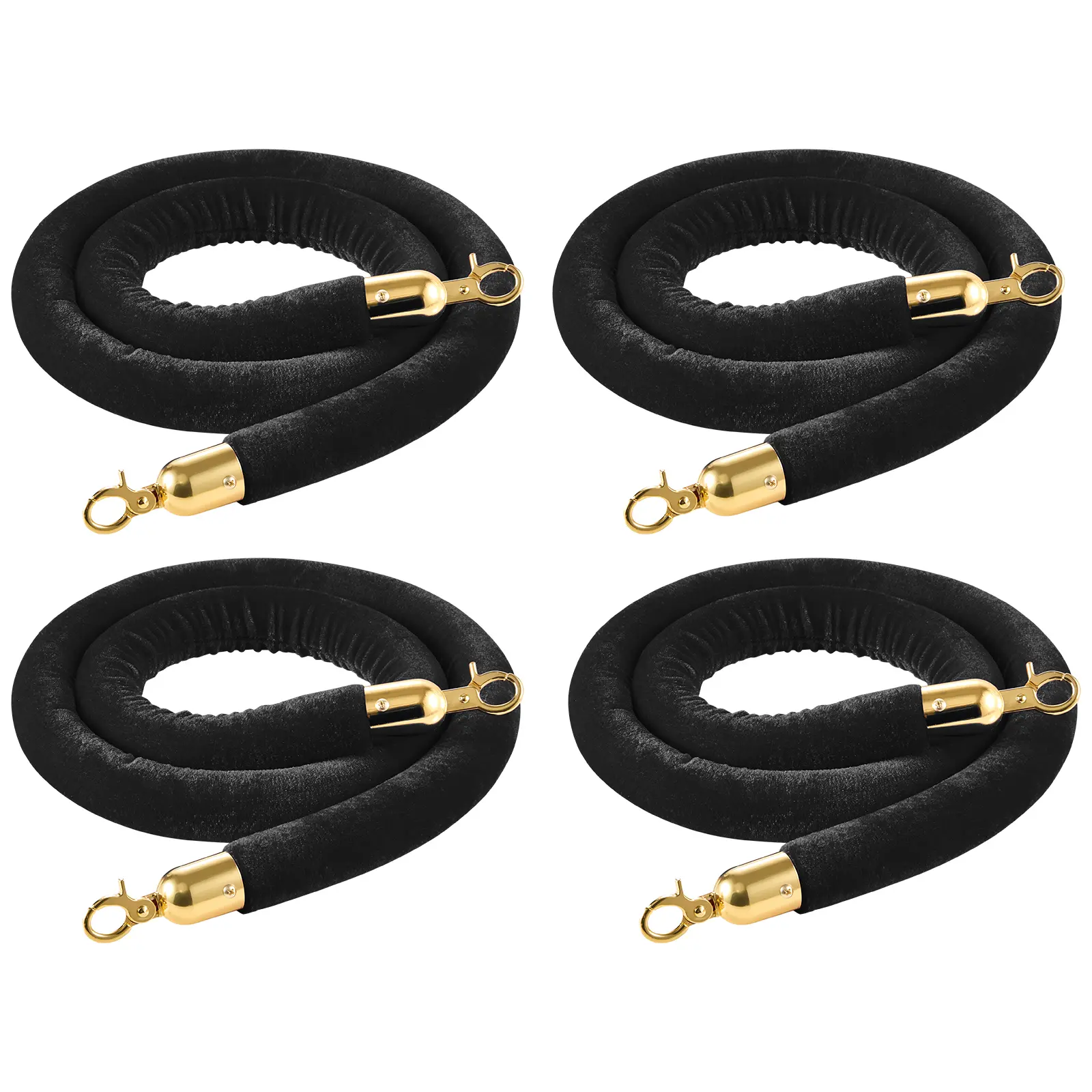 VEVOR 4-Pc Black Velvet Stanchion Ropes with Dense Foam Core, 5 ft Crowd Control Post Queue Barrier, Gold Hooks, Easy Clip-On Design, Versatile for Events, Movie Theaters