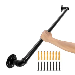 VEVOR Pipe Stair Handrail,  , 2FT Staircase Handrail, 440LBS Load Capacity Carbon Steel Pipe Handrail, Industrial Pipe Handrail with Wall Mount Support, Round Corner Wall Handrailings for Indoor, Outdoor