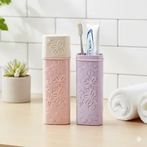 Carved Plain Bathroom Toothbrush Holder Organizer, Portable Travel Plastic Box with Lid, Compact Storage Solution for Toiletries Home Goods
