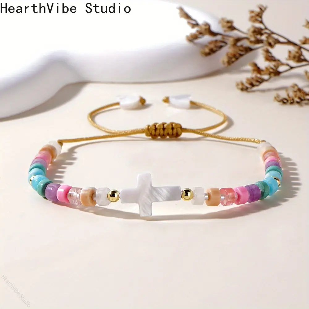 Women's Adjustable Sports Wristband, Bohemian Dainty Bracelet with 3mm Copper Beads, Semi-Precious Stones, Shell Cross & Heart Charms, Pretty Bracelet, Adjustable Bracelets
