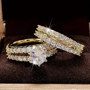 18K Golden Plated Valentine'S Day Elegant Bridal Ring Set -2pcs of 18K Golden Plated Copper, 6 claws of Synthetic Cubic Zirconia - Women'S Luxury Wedding and Engagement Jewelry - Four Seasons Party Accessories wedding  ring  set