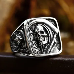 GTHIC Unisex Vintage Grim Reaper Skull Square Ring Stainless Steel Fashion Accessories for Daily Wear