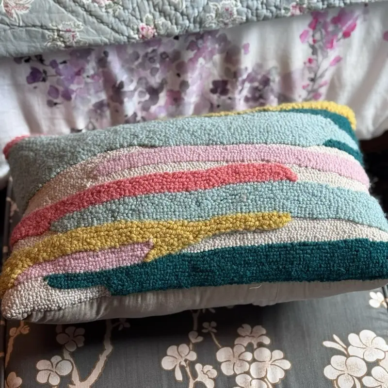 Set of 2 Hand-Hooked Abstract Accent Pillows - Pastel Pink, Aqua, Teal Boho Home Decor