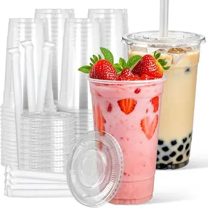 32 oz Clear Plastic Cups with Lids and Jumbo Boba Straws, Disposable To Go Cups for Iced Coffee, Milkshake, Smoothies, Boba Milk Tea, Matcha Latte – 25 Sets
