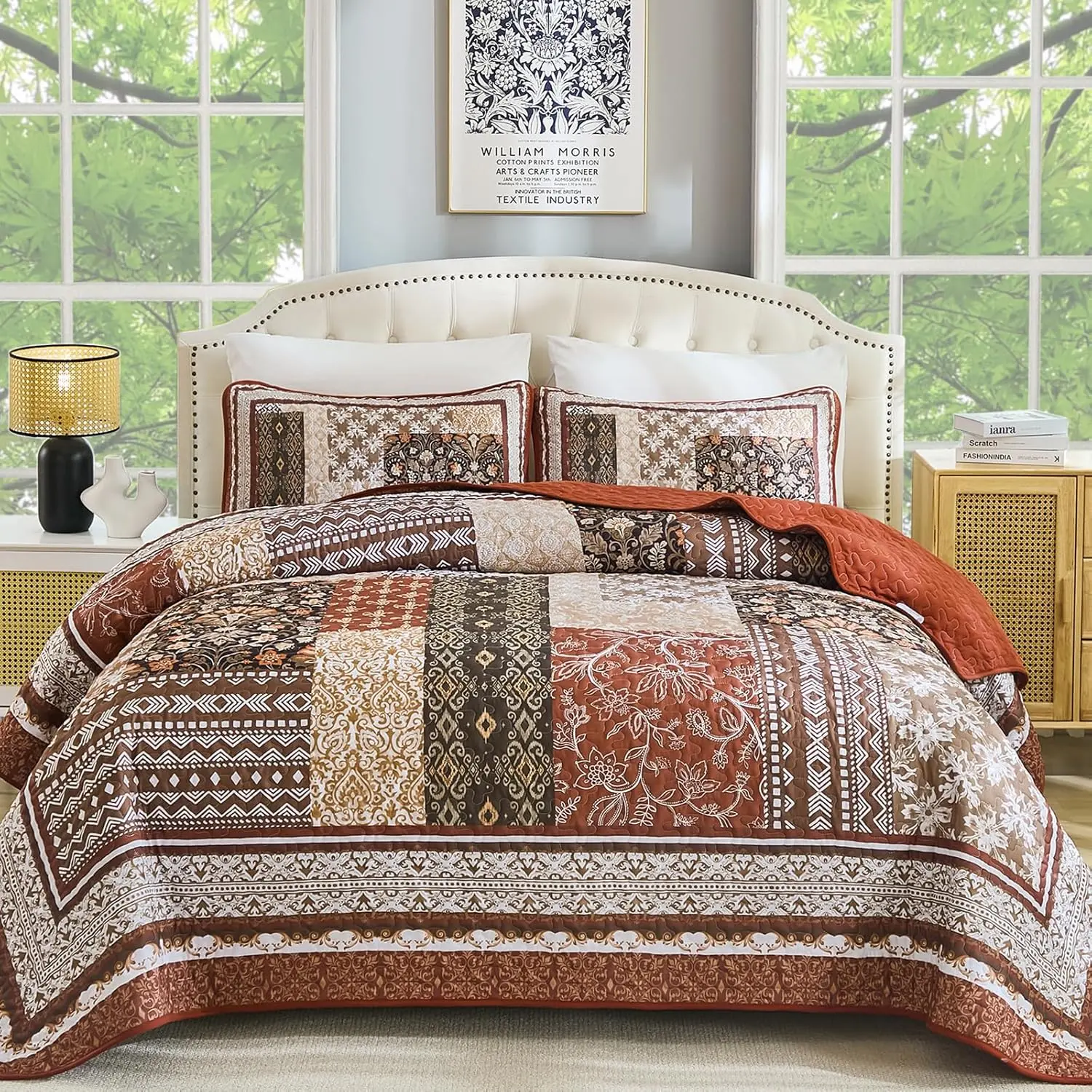 Set Queen Size,Orange and Brown Bohemian Patchwork Bedspread Coverlet Set, Reversible Farmhouse Floral Pattern Bedspreads Bedding Set for All (96"x90")