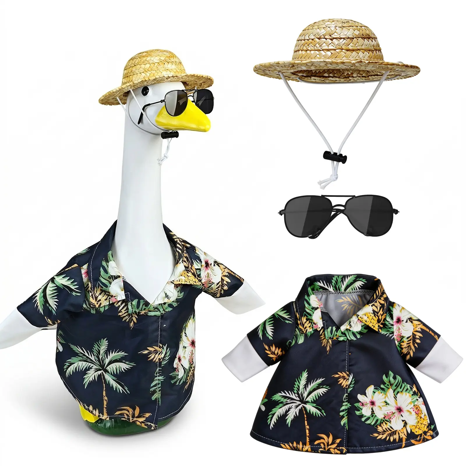 Hawaiian 3-Piece Garden Statue Costumes Set - Floral Tropical Navy Blue Shirt, Woven Straw Hat, Sunglasses for 23in Porch Geese Decor, Summer Home & Garden Supplies (Goose Not Included)