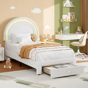 Twin Upholstered LED Bed Frame - with Storage Drawer and Rainbow Headboard, Berber Fleece Double Platform Bed for Kids, Wood Slats Support, No Box Spring Needed, Noise Free