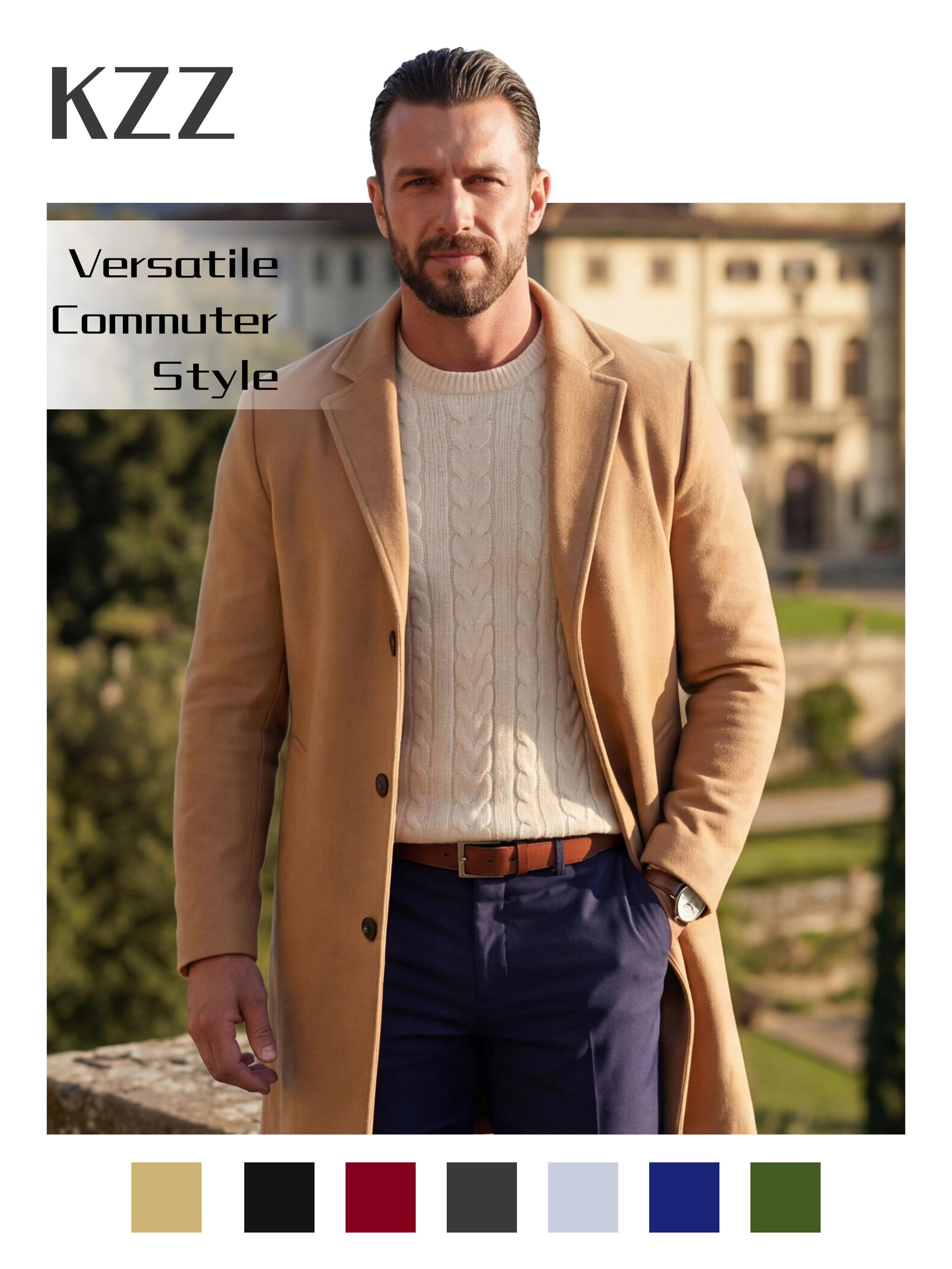 KZZ Men's Classic Solid Button-Front Lapel Neck Midi Coat, Regular Fit Stylish Long Sleeve Menswear Outerwear for Fall & Winter, Beige Khaki Tops Outfits for Daily Wear Christmas Gifts for Him