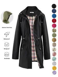 Women's Solid Color Drawstring Zip Up Hooded Coat, Casual Long Sleeve Waterproof Windproof Breathable Outerwear for Spring & Fall, Ladies Clothes for Daily Wear