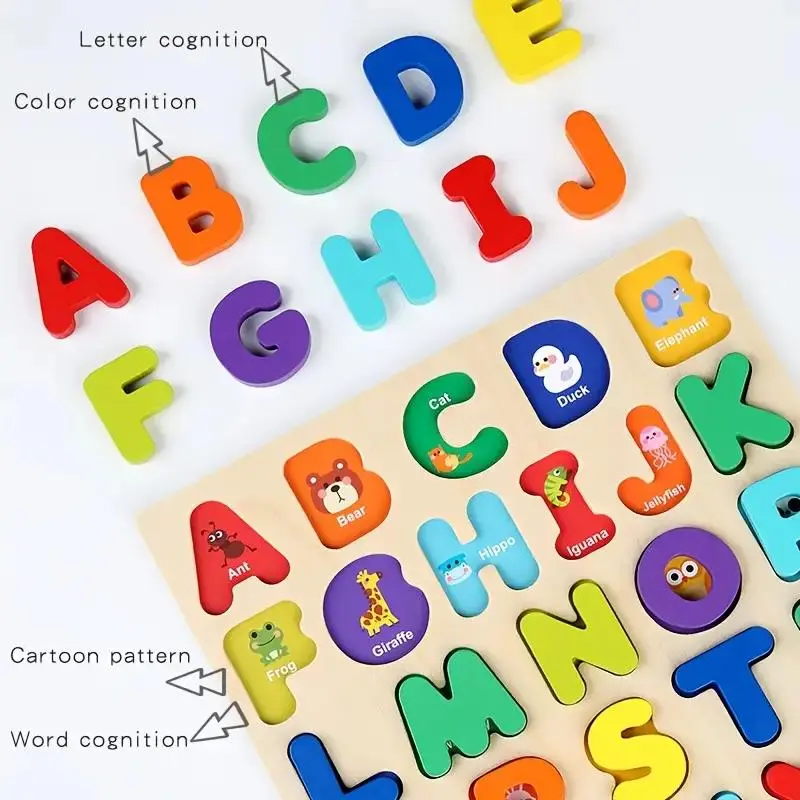 Wooden alphabet and number puzzle, mixed colors, with puzzle board and letter cubes, suitable for preschool education, suitable for girls and boys, learning building blocks, educational puzzles, home education supplies