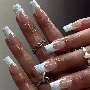 24 Pcs Glossy Medium C Curve Press-On Nails, Elegant French Long Tube Design, 3D Glue Lines, Ballet Shape, for Women & Girls