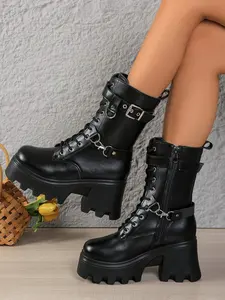 Women's 9.5CM Chunky Heel Platform Combat Boots | Gothic Punk Y2K Biker Style | Smooth PU Leather, Lace-Up Side Zipper, Buckle & Chain Decor, Non-Slip Lug Sole | For Rave Festival, Night Club, Alt Streetwear, Cosplay Footwear