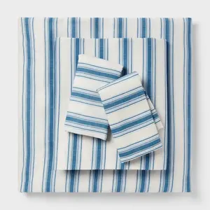 Full Cotton Blend Sateen Sheet Set Ivory/Navy Textured Stripe - Room Essentials