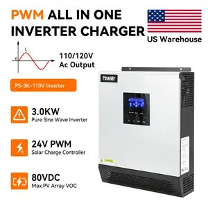 PowMr 2400W Solar Inverter, 24VDC to 110V/120VAC Pure Sine Wave with 50A PWM Charge Controller, Hybrid Inverter for Homes, RV, 24V Lead-Acid, Sealed Gel/AGM Battery, Off-Grid Systems