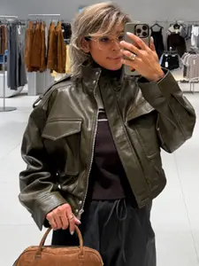 Women's Jacket Crop Faux Leather Bomber Jacket Autumn Fashion Green Black Outerwears Casual fashionable outerwear New In Womenswear Coats & Jackets Casual Elegant Fitted Zip-Up High Neck Long Sleeve Short Jacket With Pockets Lady