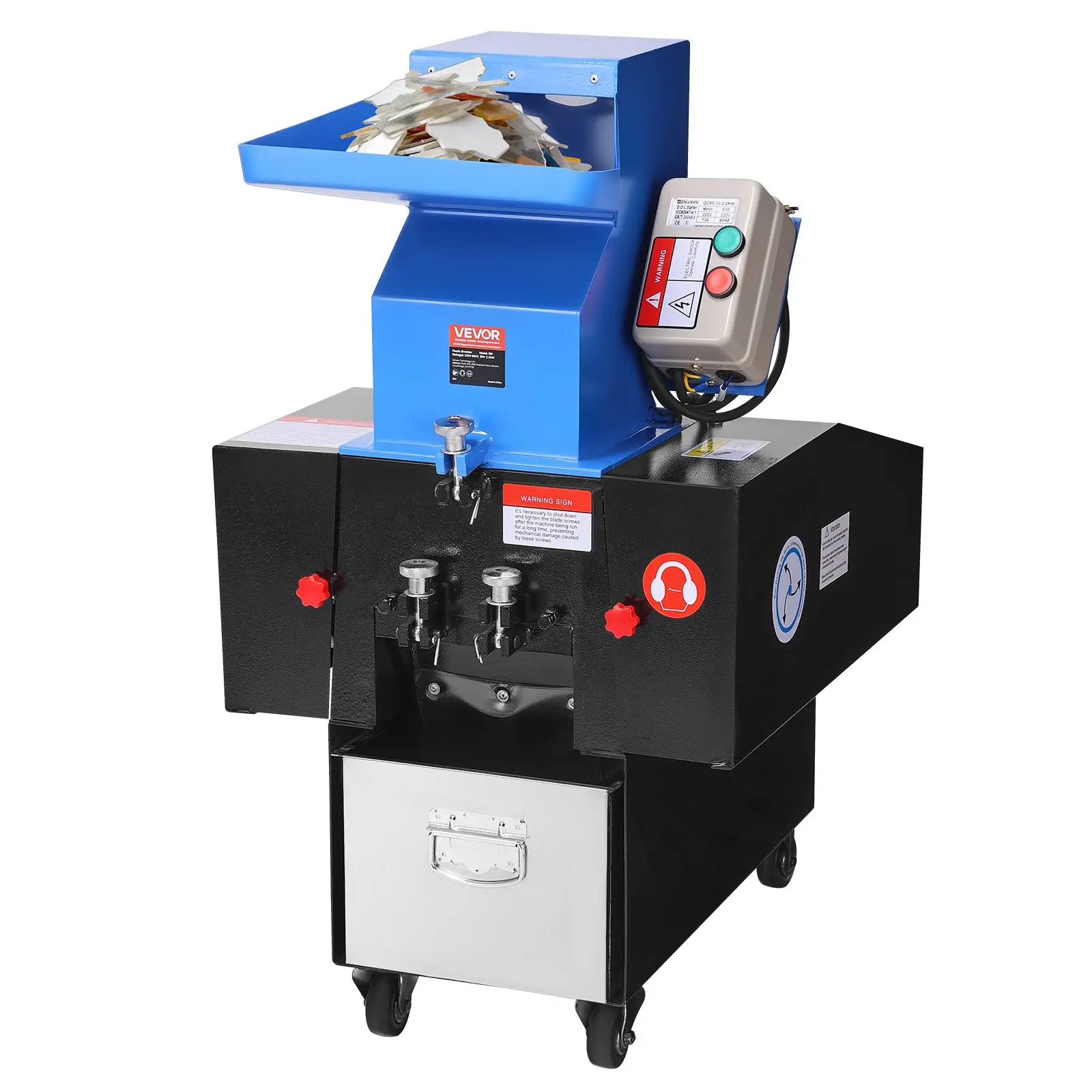 VEVOR New Alloy Steel Metal Shredder Crusher, 3HP/2.2KW Grinder Granulator with Wheels, 100-150kilograms/h Capacity Pulverizer with Extended Drawer, 11pcs SDK-11 Blades & 6mm Mesh for PVC ABS PTFE (220V 60Hz 3-Phase)