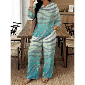 Ciel Fashion Mature Women Plus Size Notch Collar Three-Quarter Sleeve Top Wide Leg Pants Two-Piece Set Mint Green Wavy Zebra Print Loose Breathable Set Comfortable Versatile Outfit For Spring Summer Travel And Home Wear