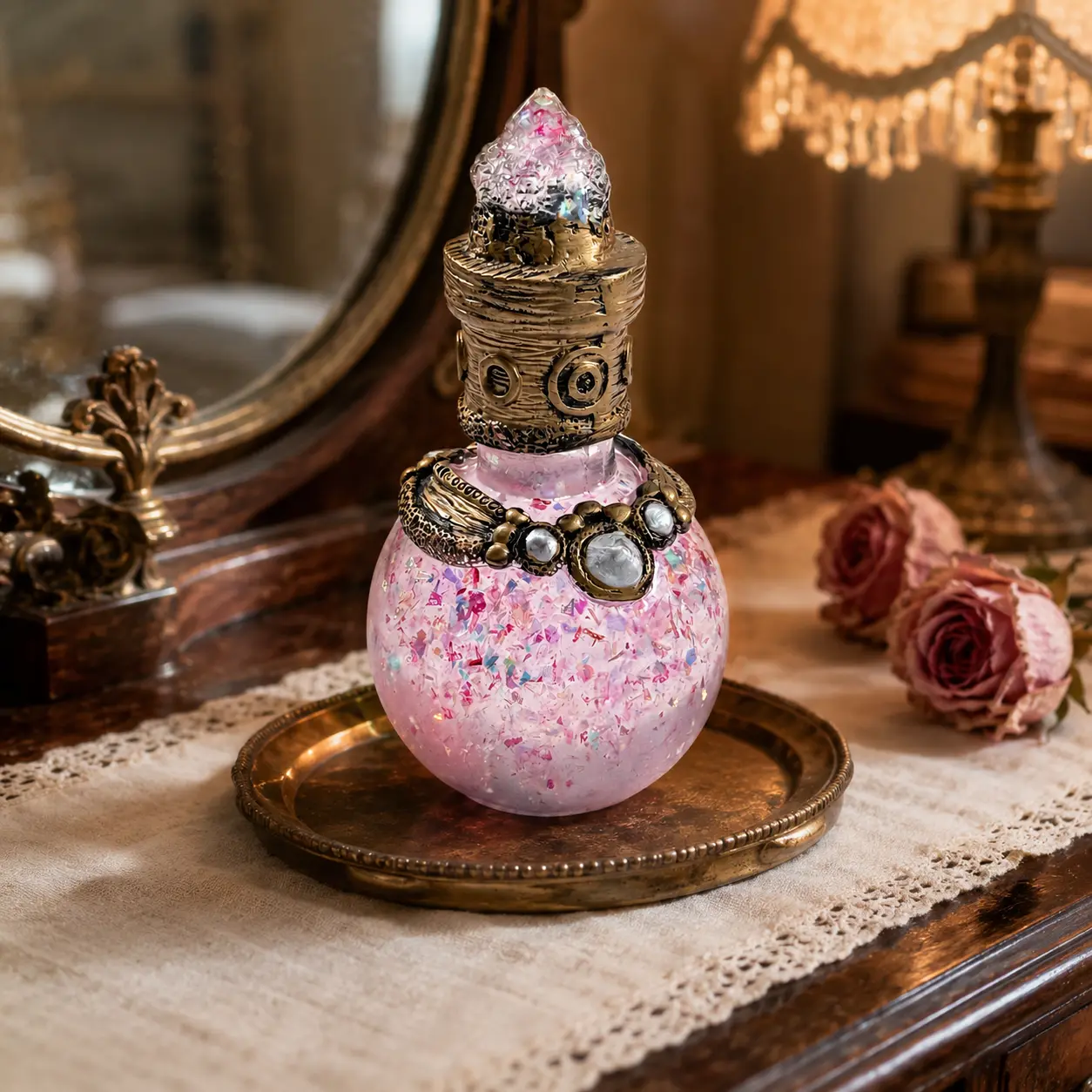 Vintage Pink Magic Potion Decorative Bottle with Crystal Confetti, Handcrafted Antique Bronze Fantasy Gemstone Perfume Vessel for Home Office, Witchy Aesthetic Vanity Decor Spiritual Healing Gift for Women