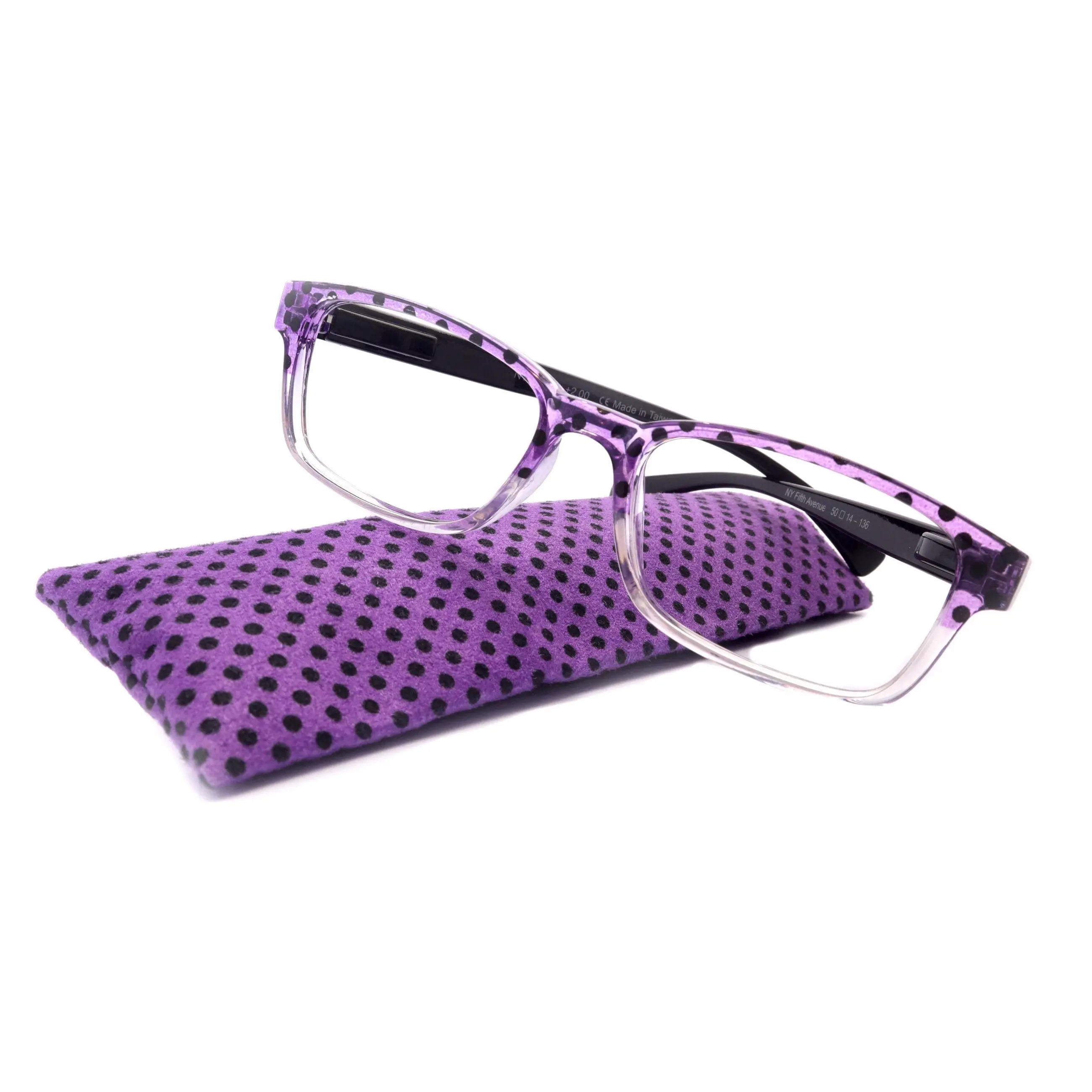 Julia, Premium Reading Glasses High End Reading Glass +.50 to +6 magnifying glasses (Purple Polka Dot) (Square) optical Frames Clear