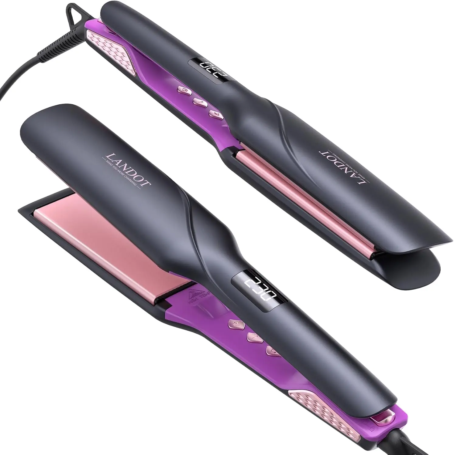 LANDOT 1.75in Wide Flat Iron Hair Straightener Brush, Salon Professional Styler, Ceramic Ionic Tech, Anti-Frizz, 12 Temp Settings (250-450°F), All Hair Types, Dual Voltage, 25s Fast Heat Up