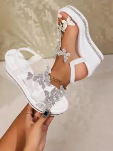 Women's Fashionable Rhinestone Butterfly Wedge Sandals, Elegant Slip-On Sandals for Parties and Everyday Wear Footwear