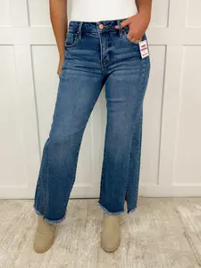 Risen Carrie Tummy Control Mid-Rise Fray Hem Wide Leg Cropped Medium Wash Jeans