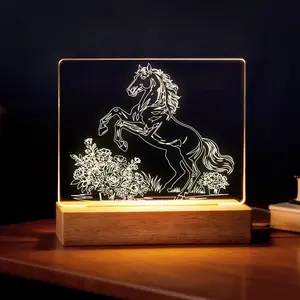 LIVEKEY 3D Acrylic Horse LED Night Light with Wooden Base, Soft Warm Glow Ambient Lighting, Bedroom Decor Ideas, Bedside Table Animal Home Decor & Thoughtful Gift