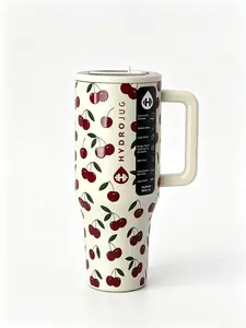 hydrojug rodeo，Cherry Printed Thermos Cup ，Stainless Steel Material, Portable Water Bottle, Travel Cup, Leak-Proof, BPA Free, Bottle Shaped. Suitable For Iced Coffee, Car, Office And Other Scenarios. Can Be Placed In Car Cup Holders, 40oz.