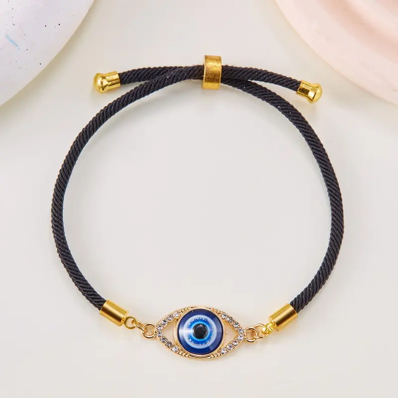 Unisex Crystal Paved Evil Eye Charm Bracelet, Minimalist Adjustable Black Cord Nazar Protection Amulet, Hypoallergenic Non-Tarnish Daily Wear Good Luck Spiritual Gift Jewelry (Size Adjusts)