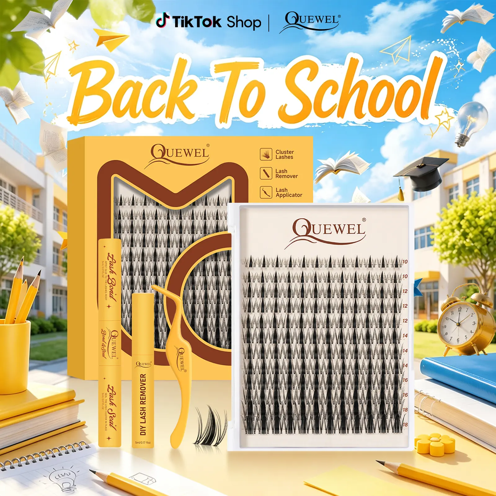 QUEWEL Fairy Manga Lash Clusters Kit Invisible Band with 144pcs Individual Lashes, C Curl for DIY Lashes, Waterproof Long Lasting, Wet Look Manga Lash Clusters Kit, Full Kit for Cute Style Spring GlowUp
