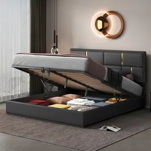 Queen Size Lift Up Storage Bed Frame with Headboard, PU Upholstered Queen Platform Bed with Hydraulic System and Under-Bed Storage, Wood Slats Support, No Box Spring Needed (Black), Bed Frame For Queen, Hydraulic Lift