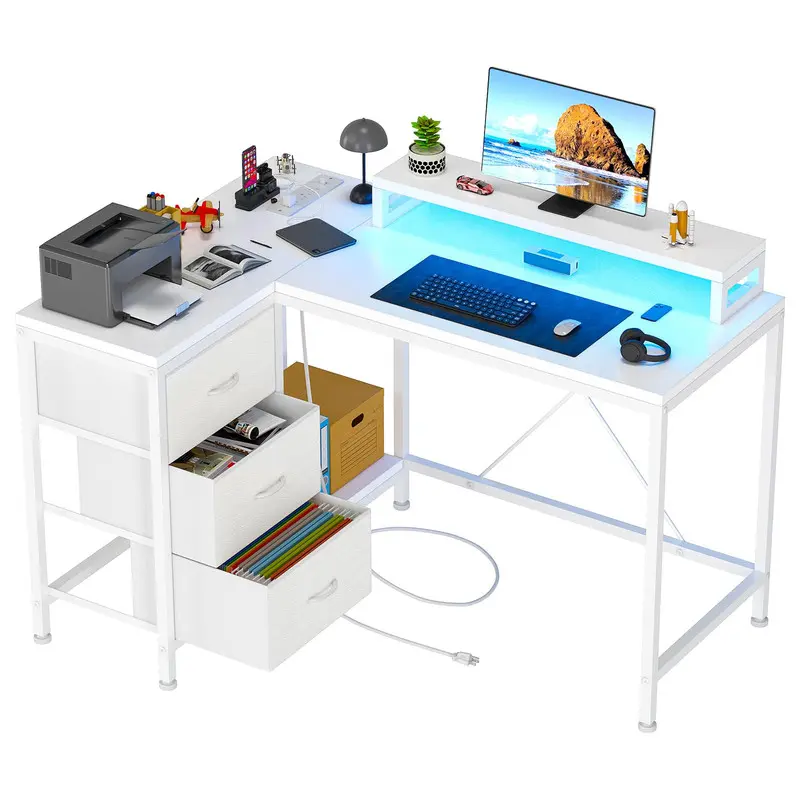 White L-Shaped Corner Computer Desk Table Set - Ergonomic Home Office Workstation with Power Outlets, LED Lights, Drawers, Shelves + Modern Swivel Chair, Rustic Furniture for Gaming Setup, Customize Workspace Ambiance, Modern Office Furniture, 7 Vibrant C