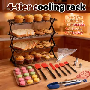 4-layer foldable cooling rack, equipped with 11 kinds of baking tools, including scrapers and oil brushes, suitable for making cookies, cakes, baking and cooking, stackable and easy to store, suitable for cooking and baking cooling racks,