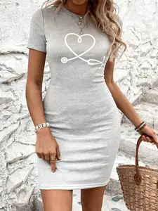 Stethoscope Heart T Shirt Dress for Women Short Sleeve Bodycon Mini Dresses Nurse Medical Graphic Tees Dress Casual Y2K Streetwear for Summer Daily Outings Going Out Party Vacation Comfy Soft Dress Multiple Colors Available