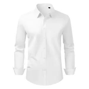 【Father's Day Gift】VEVOR Men's Slim Fit Long Sleeve Wrinkle-Free Button-Up Shirt, Menswear with Soft Stretch Cotton-Polyester Plain Fabric for Business Casual or Formal Occasions, White