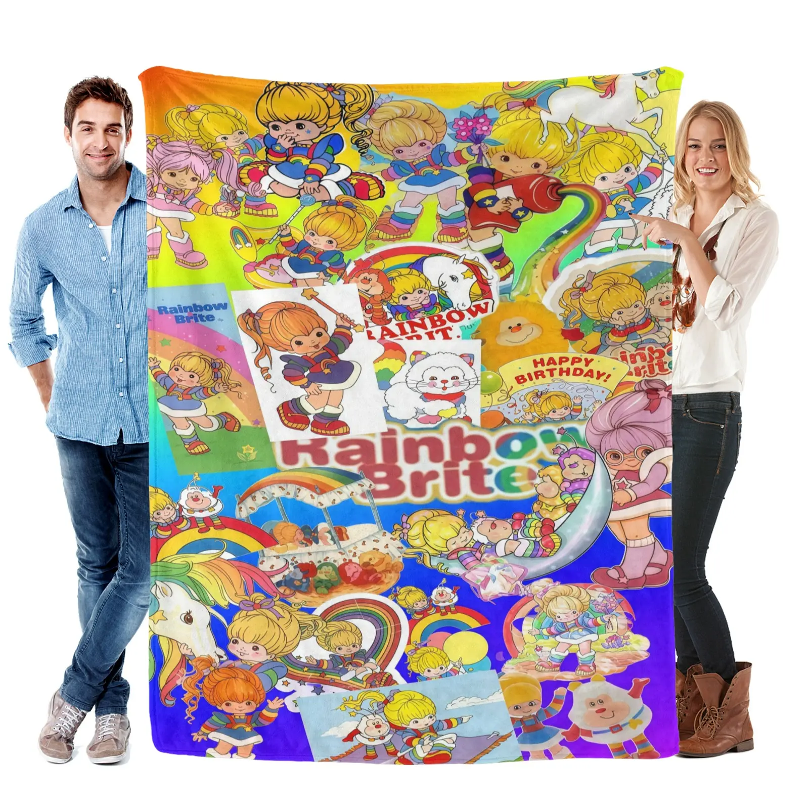 Rainbow Brite 80s Retro Cartoon Flannel Fleece Blanket Ultra Soft Cozy Warm Plush Throw Blanket HD Print for Kids Adults Nostalgia Fans Bedroom Couch Sofa Decor Birthday Gift Vintage Style