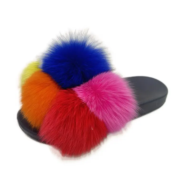 Women's Rainbow Puff Luxe Slip-On Slides (Size 8, Multi), Black Walking Footwear with Colorful Faux Fur Pom Poms, Studded Cotton Slippers, Anti-Slip Comfy Elegant Fluffy Decor, Slip-On Closure, Shoe, Walking Shoes