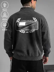 Men's Washed Vintage Half-Zip Hoodie, Casual Fashion Pullover Sweatshirt, Casual Fitted Sweatshirt, Long Sleeve Drop Shoulder Design, Perfect for Daily Wear, Graphic Print Hoodie, Casual Streetwear Sweatshirt, Printed Sweatshirt