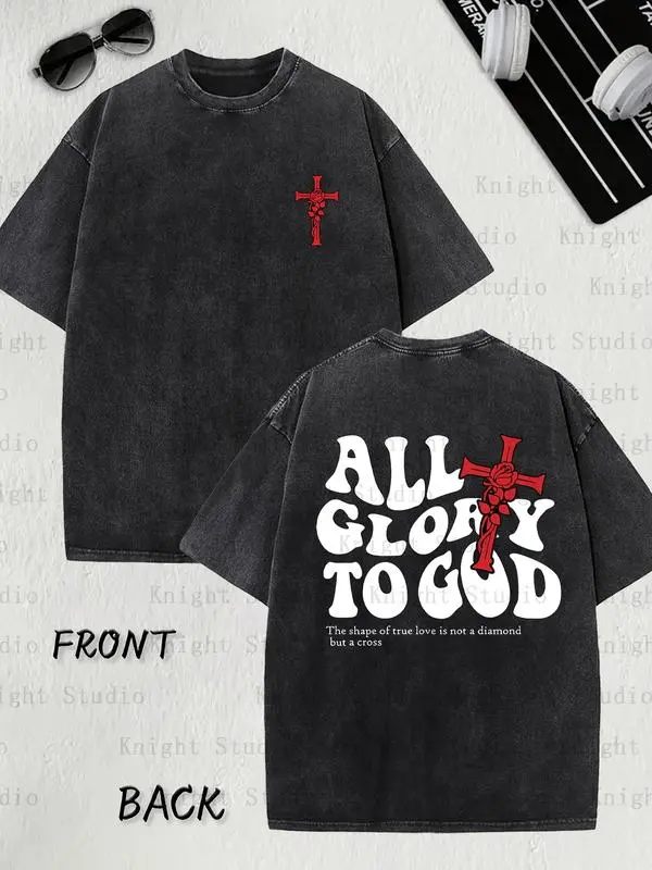 valentine shirts Men's vintage 'Glory to God' pattern T-shirt - Soft washed cotton, casual round neck short sleeve, purple cross design, couple's version, loose fit, everyday wear, washed cotton fabric