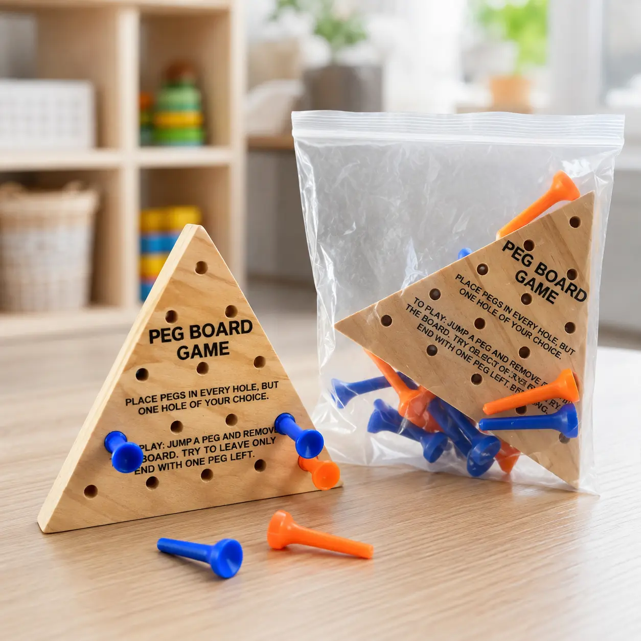 Wooden Peg Solitaire Game - Triangle Brain Teaser Puzzle, Classical Board Games for Family Strategy Play
