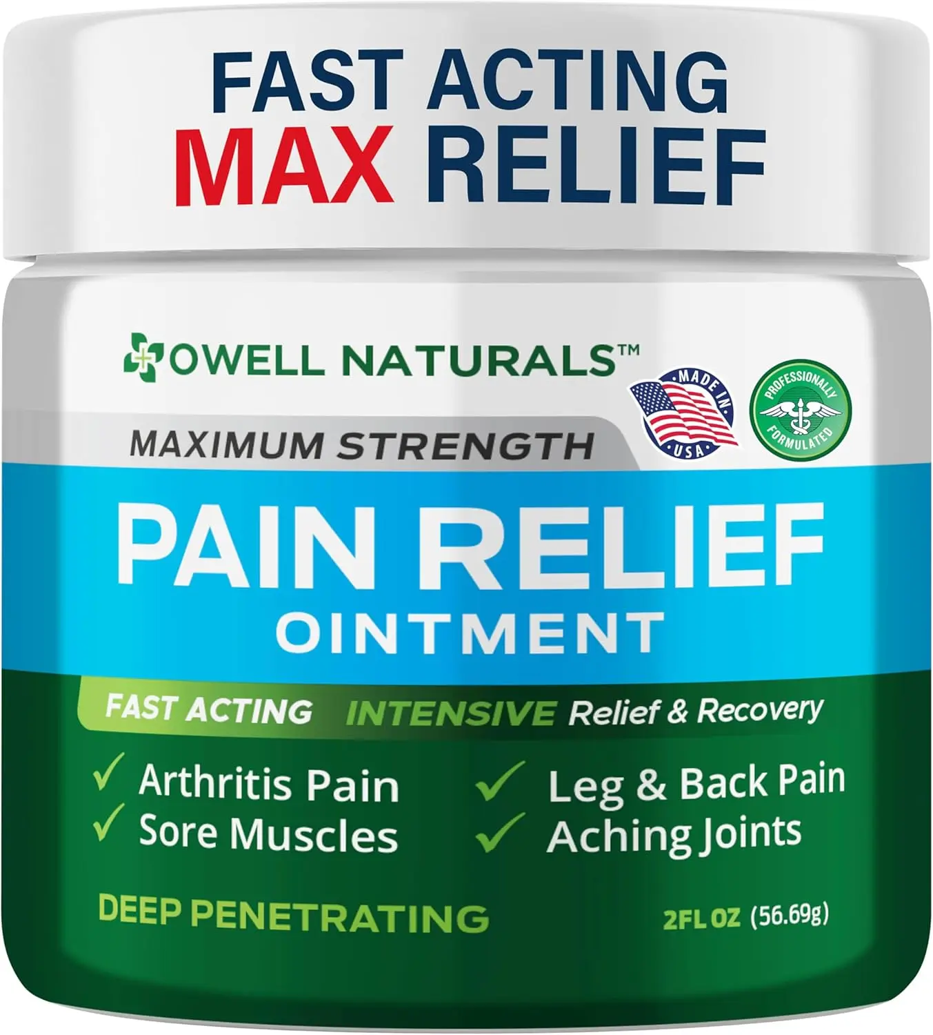 OWELL NATURALS Pain Relief Ointment 2 oz – All Natural Oil Based Fast Acting Formula for Arthritis, Joint & Muscle Discomfort, Long-Lasting Soothing Balm for Sore Muscles & Stiffness